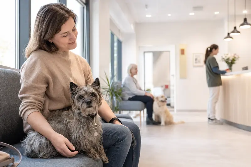 Ein Cairn Terrier sitzt ruhig neben seinem Besitzer im hellen Wartezimmer einer modernen Tierarztpraxis.